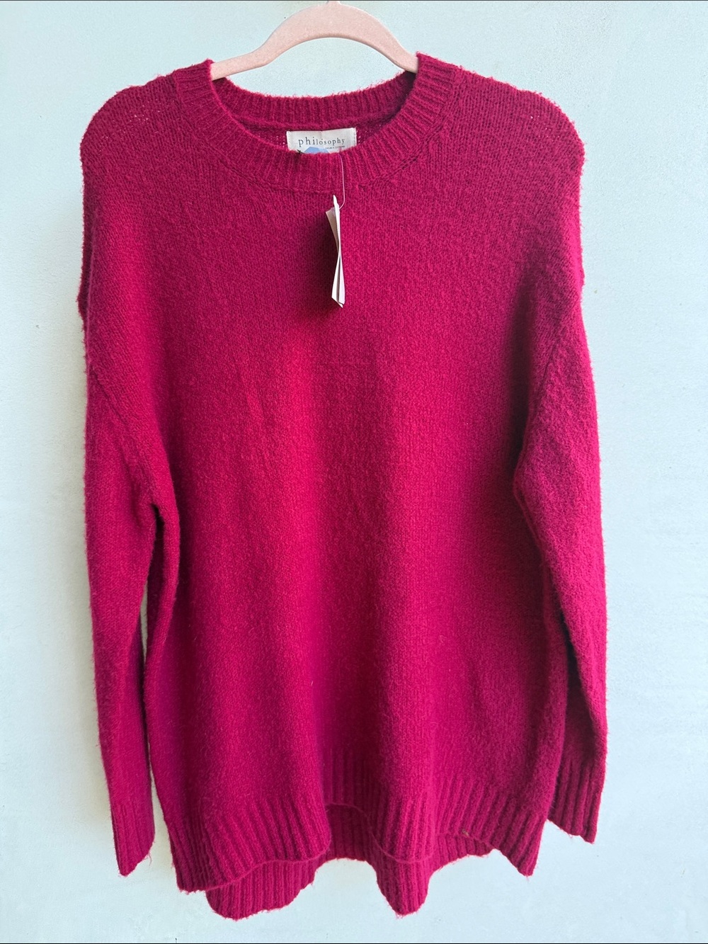Philosophy Sweater pull over Rich Raspberry Crewneck Sweater long tunic hi-lo L